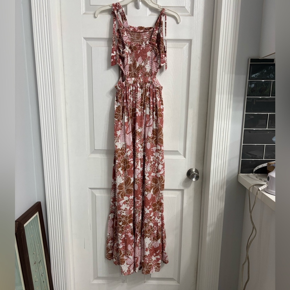 Japna Floral Smocked Waist Sleeveless Maxi Dress - Pink & Brown Size Small - Picture 3 of 7